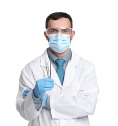 Professional dentist with tools on white background