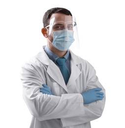 Photo of Portrait of professional dentist on white background