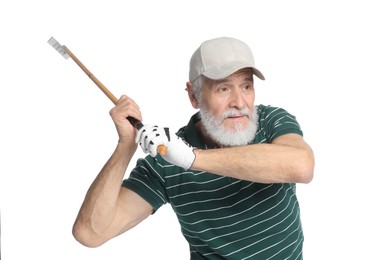 Photo of Senior man with golf club on white background