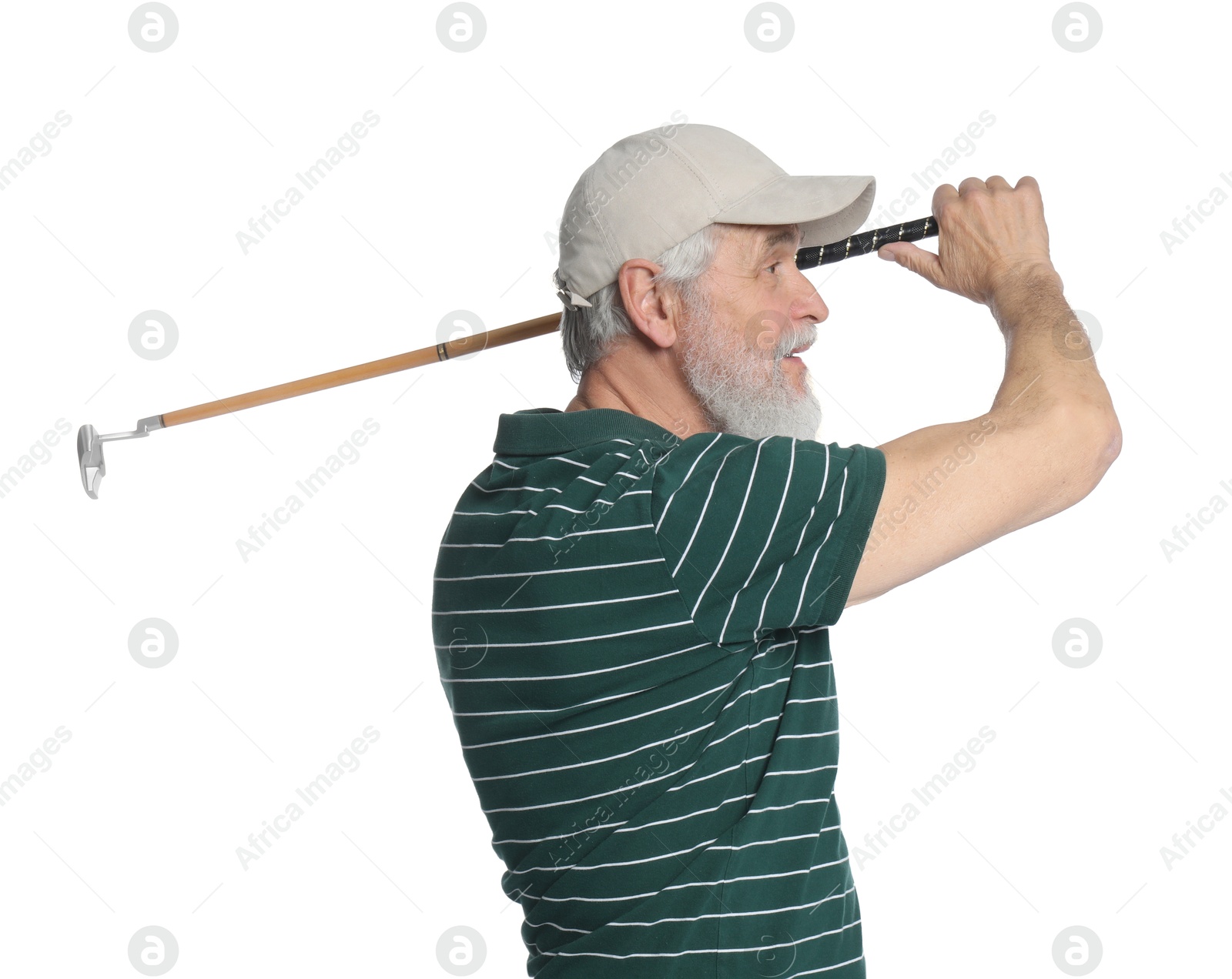 Photo of Senior man with golf club on white background