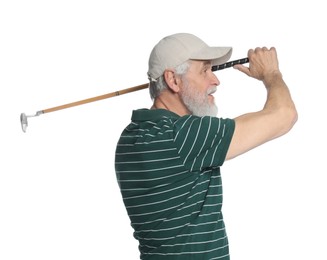 Photo of Senior man with golf club on white background