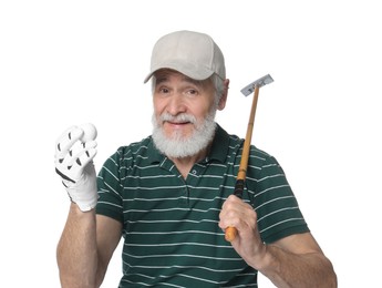 Senior man with golf club and ball on white background