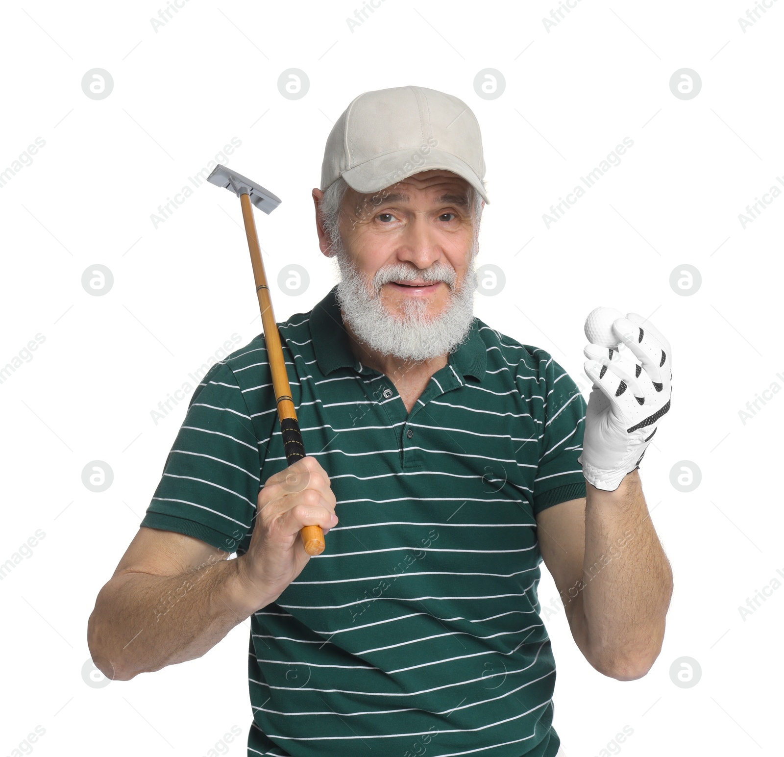 Photo of Senior man with golf club and ball on white background