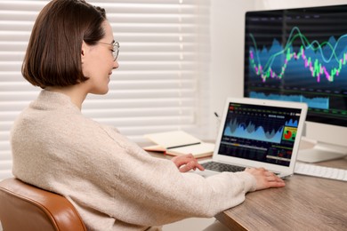 Stock exchange. Woman analysing financial market on laptop at wooden table indoors