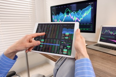 Photo of Stock exchange. Woman analysing financial market on tablet at wooden table indoors, closeup