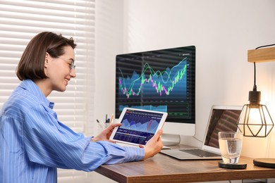 Stock exchange. Woman analysing financial market on tablet at wooden table indoors