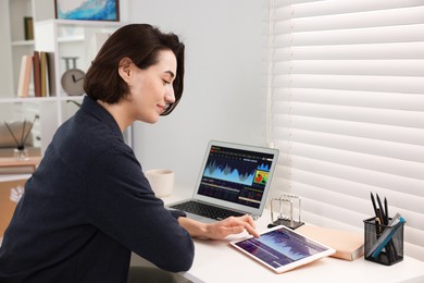 Stock exchange. Woman analysing financial market on tablet at white table indoors