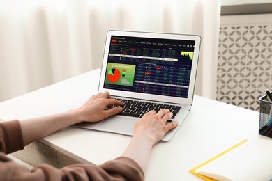 Photo of Stock exchange. Woman analysing financial market on laptop at white table indoors, closeup