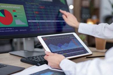 Stock exchange. Woman working at desk in office, closeup