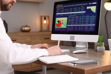 Photo of Stock exchange. Man analysing financial market at desk indoors, closeup