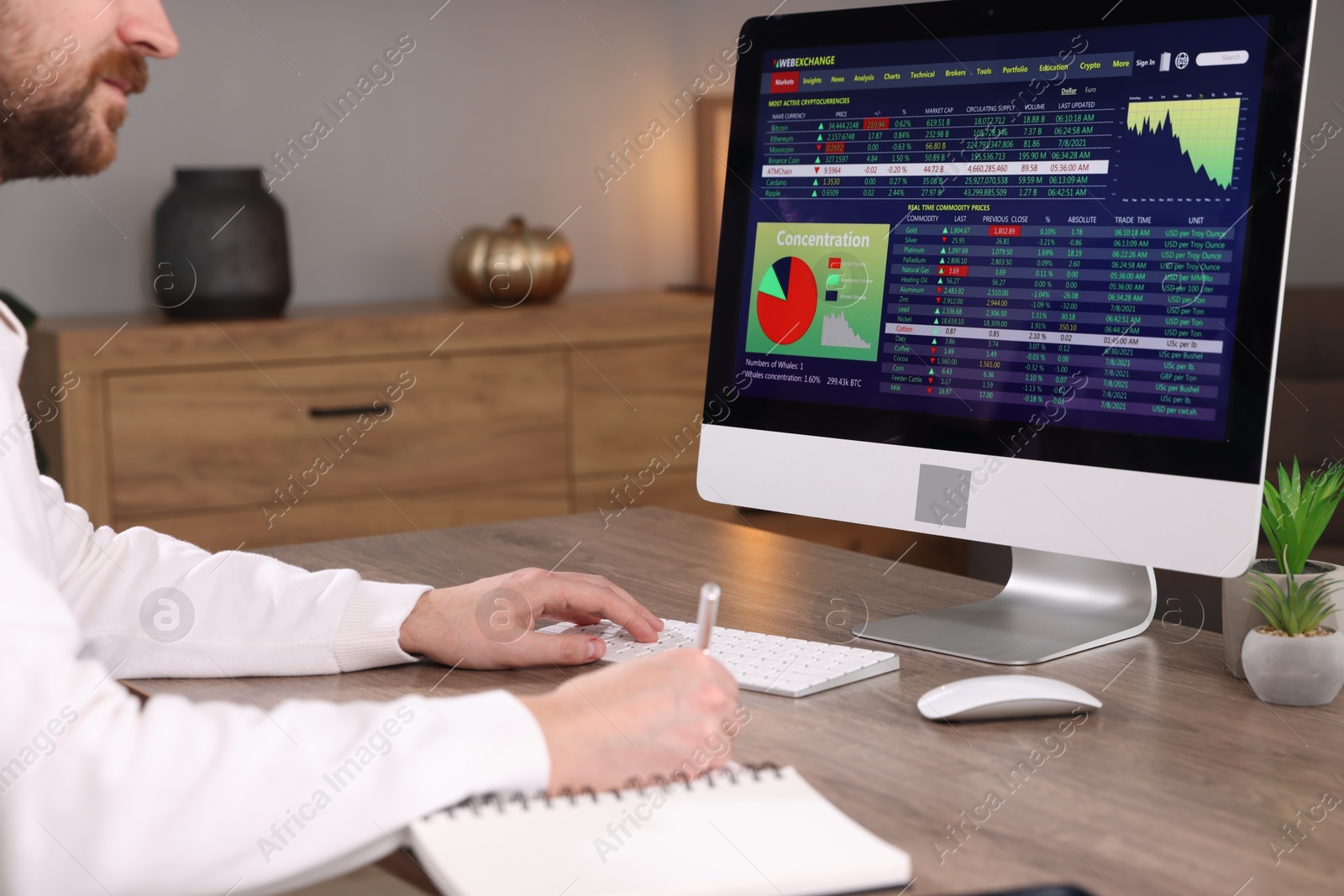 Photo of Stock exchange. Man analysing financial market at desk indoors, closeup