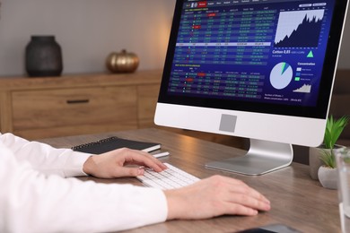 Photo of Stock exchange. Man analysing financial market on computer at desk indoors, closeup