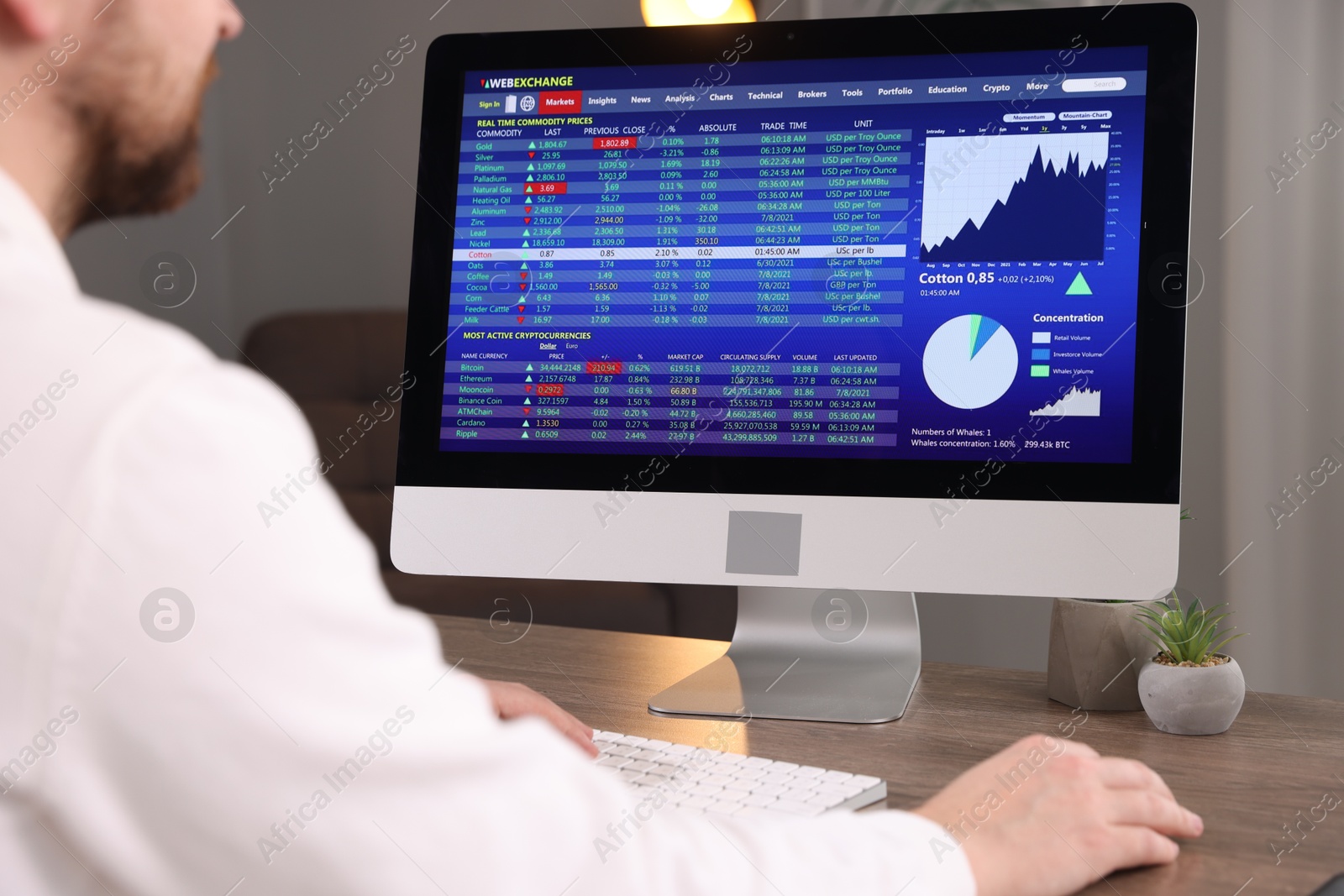 Photo of Stock exchange. Man analysing financial market on computer at desk indoors, closeup