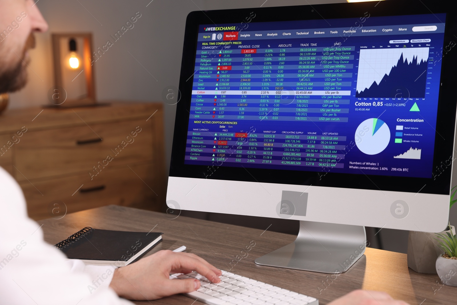 Photo of Stock exchange. Man analysing financial market on computer at desk indoors, closeup