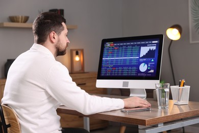 Photo of Stock exchange. Man analysing financial market on computer at desk indoors