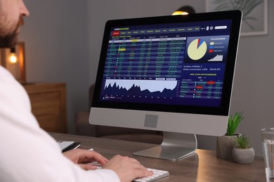 Photo of Stock exchange. Man analysing financial market on computer at desk indoors, closeup