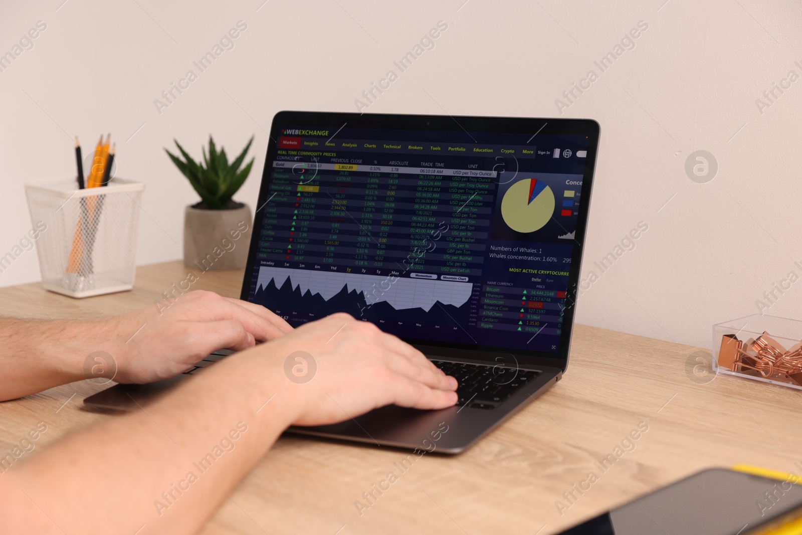 Photo of Stock exchange. Man analysing financial market on laptop at desk indoors, closeup