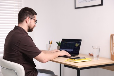 Photo of Stock exchange. Man analysing financial market on laptop at desk indoors