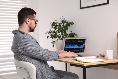 Photo of Stock exchange. Man analysing financial market on laptop at desk indoors