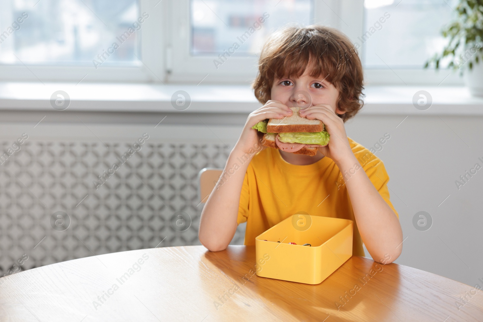 Photo of Cute little boy eating sandwich at wooden table in school. Space for text