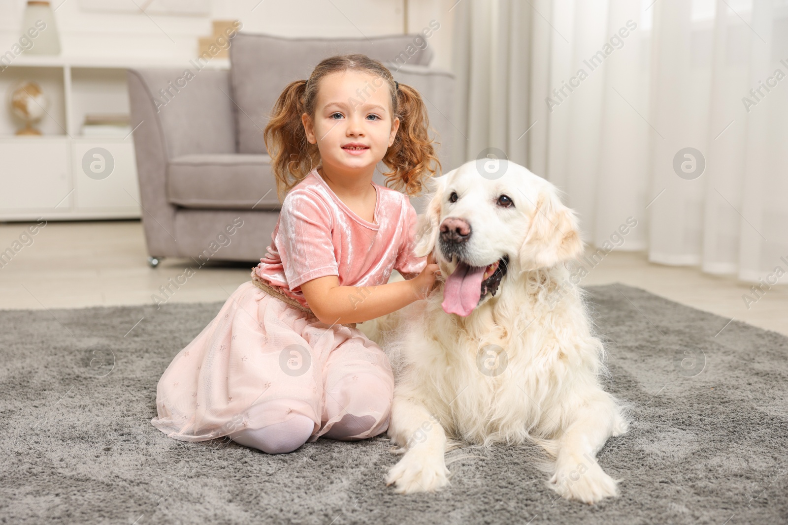 Photo of Little girl with cute dog on carpet at home