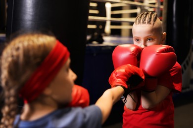 Photo of Children having boxing practice in training center