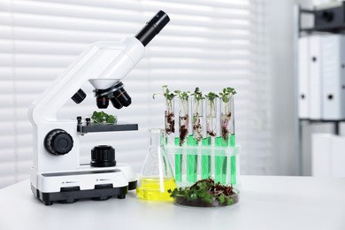 Photo of Biochemistry. Microscope, glassware with liquids and plants on white table in laboratory