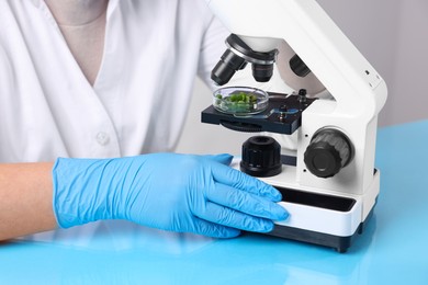 Photo of Biochemistry. Scientist looking at plants with microscope in laboratory, closeup