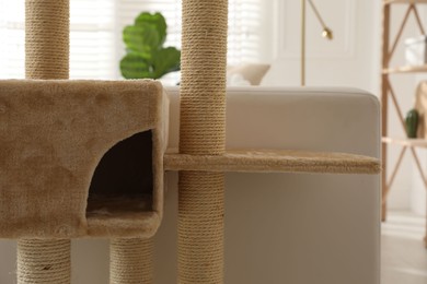 Photo of Big comfortable cat tree with scratching poles indoors, closeup