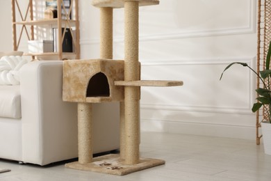 Photo of Big comfortable cat tree with scratching poles indoors. Space for text