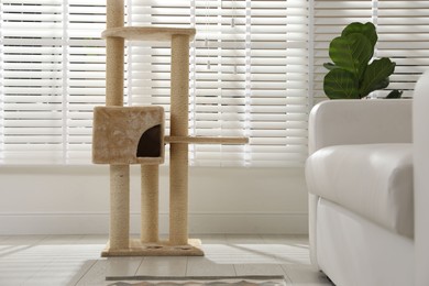 Photo of Big comfortable cat tree with scratching poles indoors
