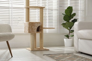 Photo of Big comfortable cat tree with scratching poles indoors