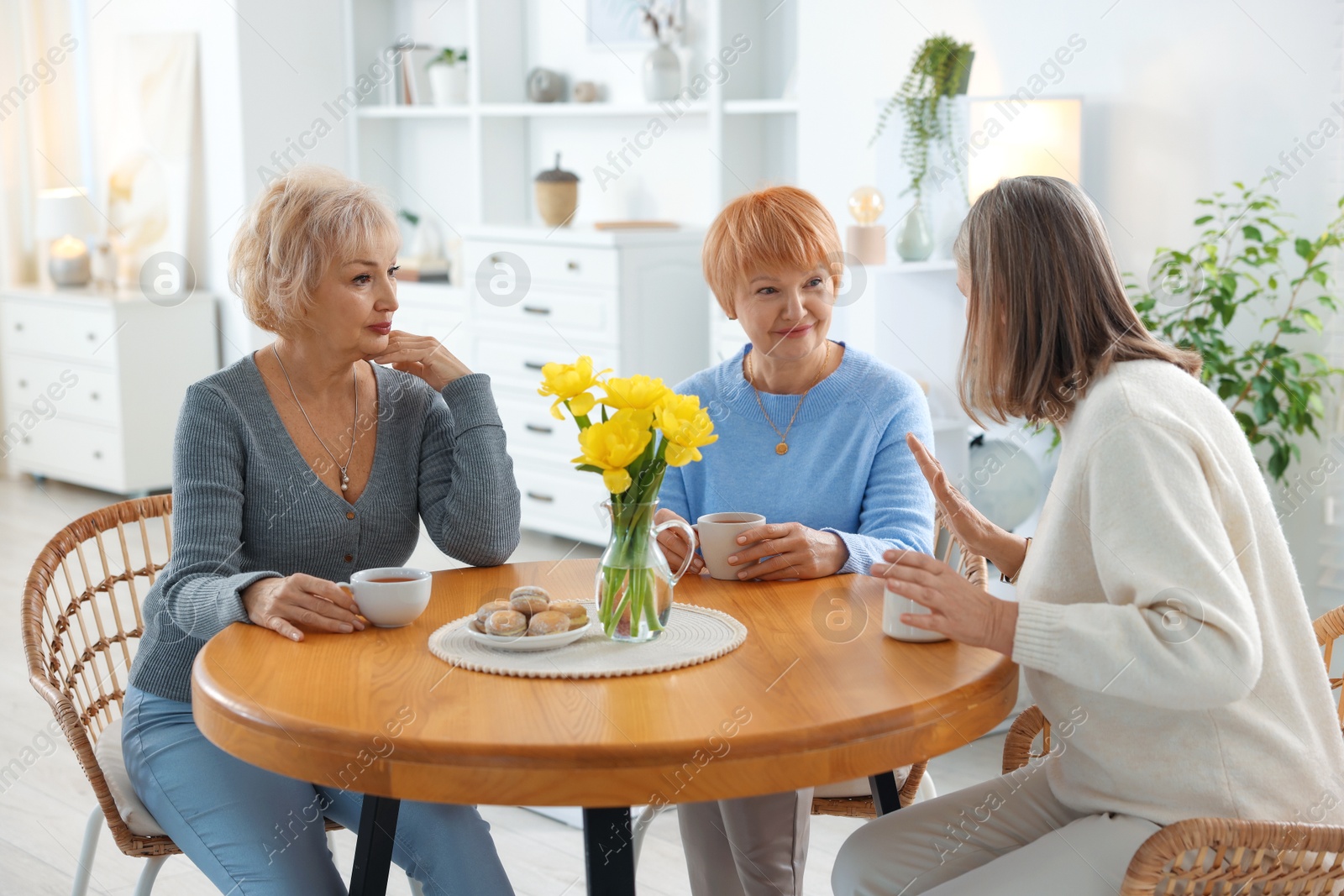 Photo of Friendship. Senior women enjoying hot drinks at table indoors