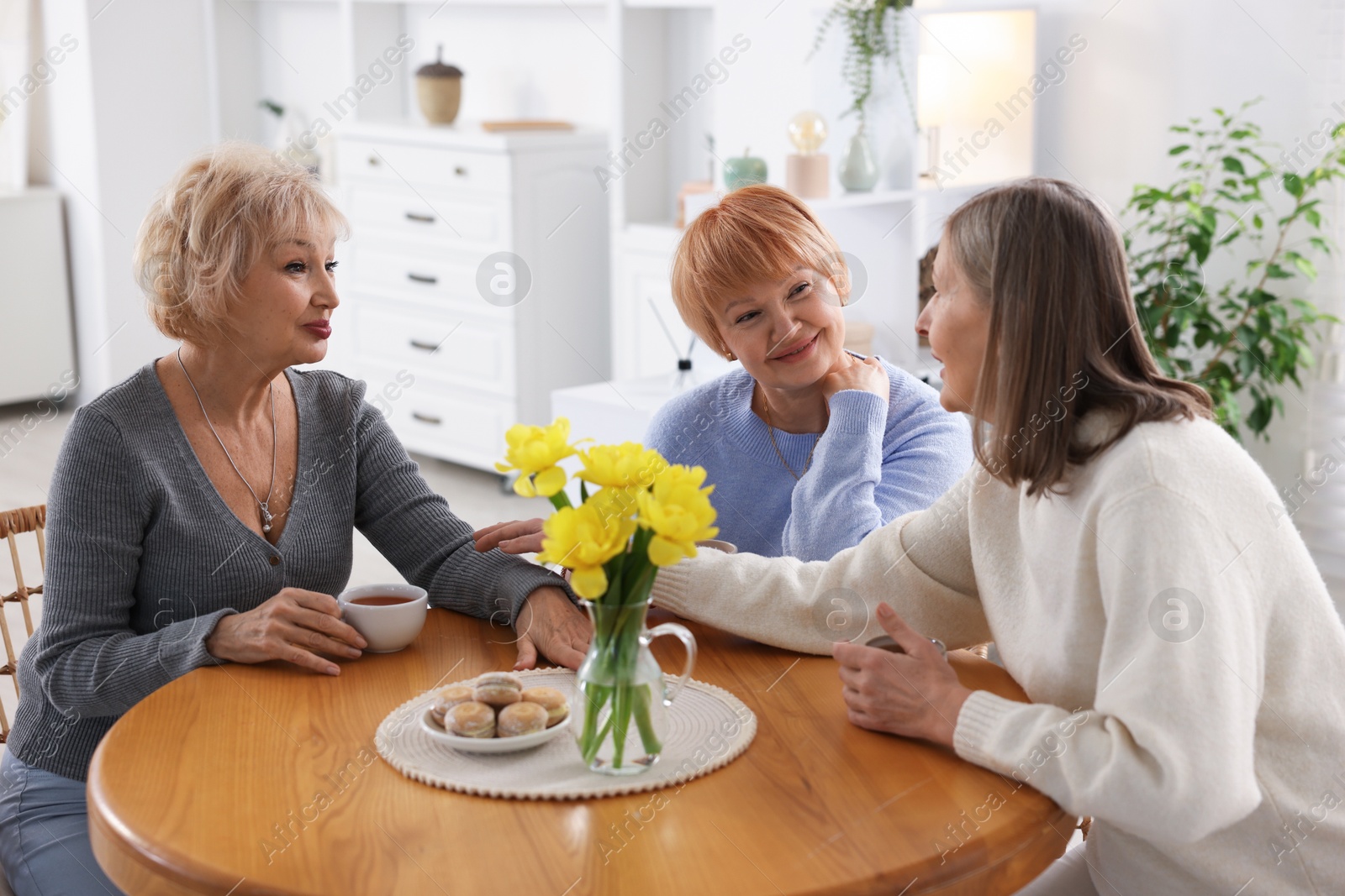 Photo of Friendship. Senior women enjoying hot drinks at table indoors