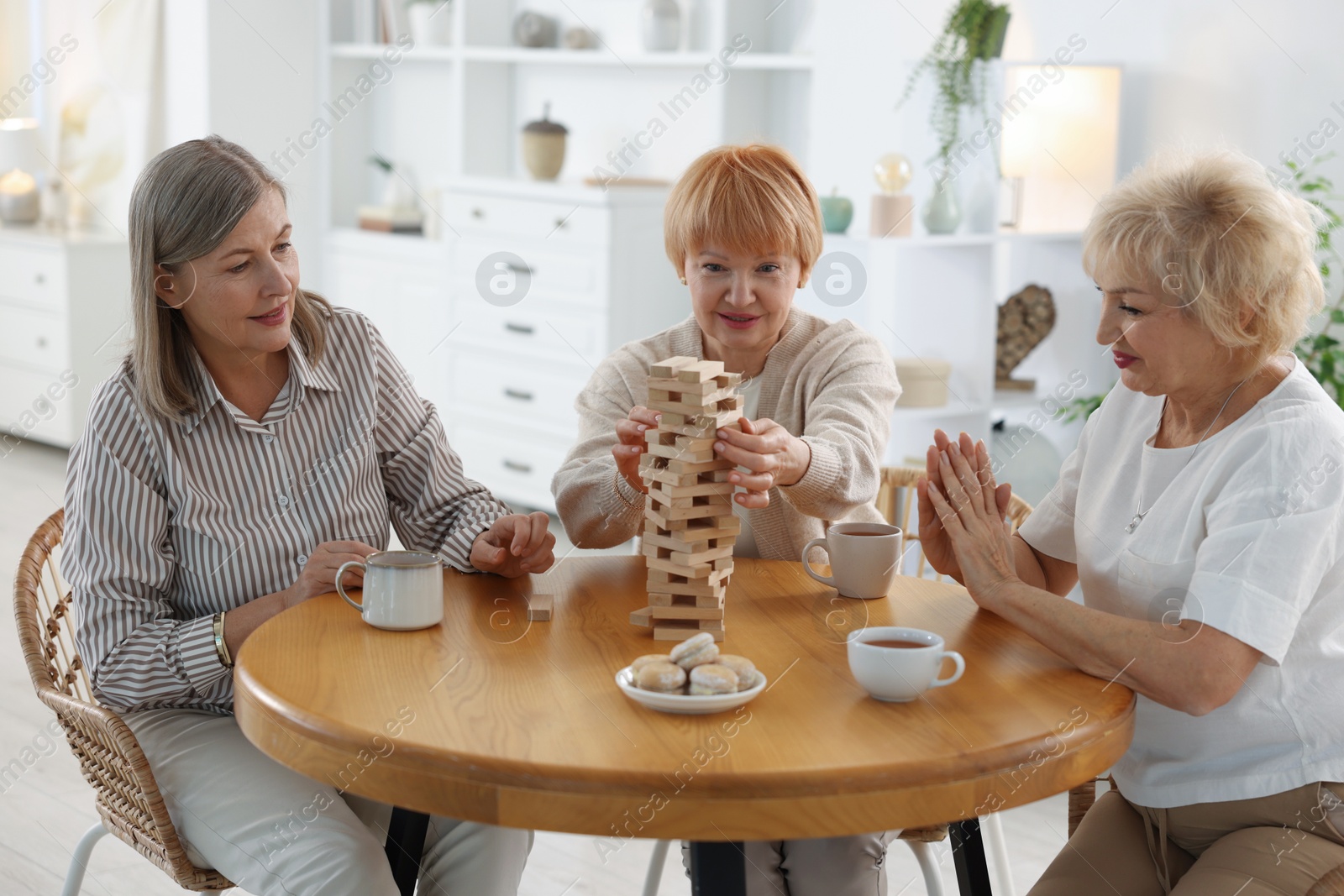 Photo of Friendship. Senior women building tower with wooden blocks at wooden table indoors