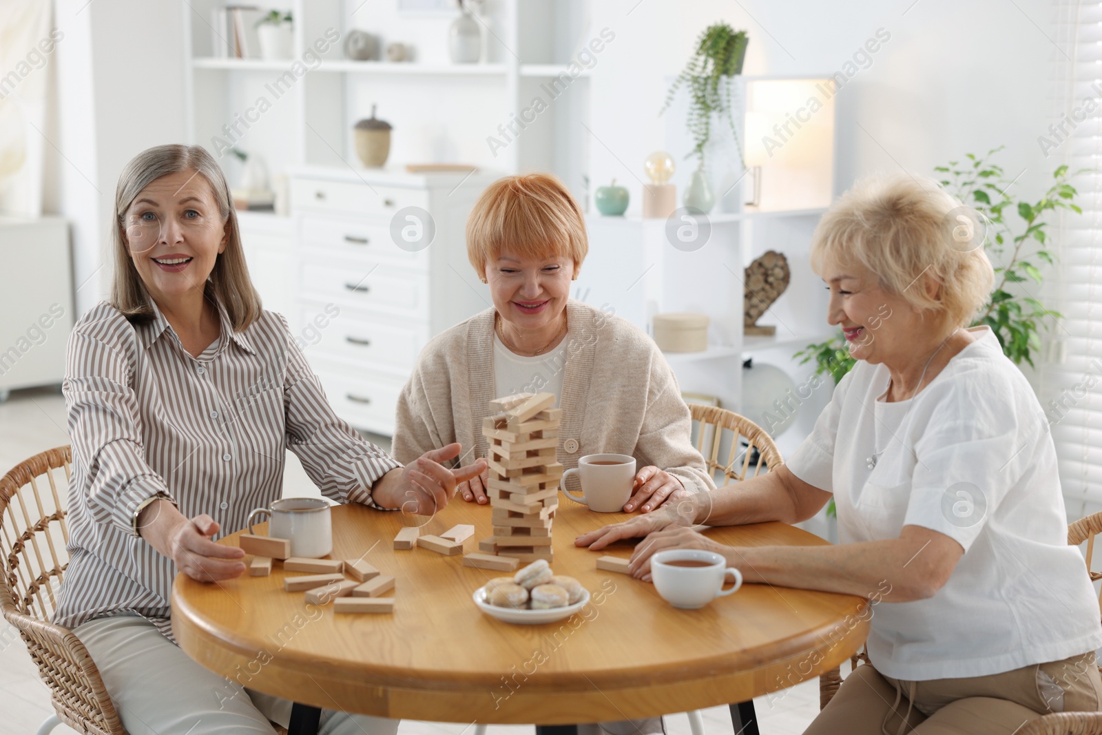 Photo of Friendship. Senior women building tower with wooden blocks at wooden table indoors