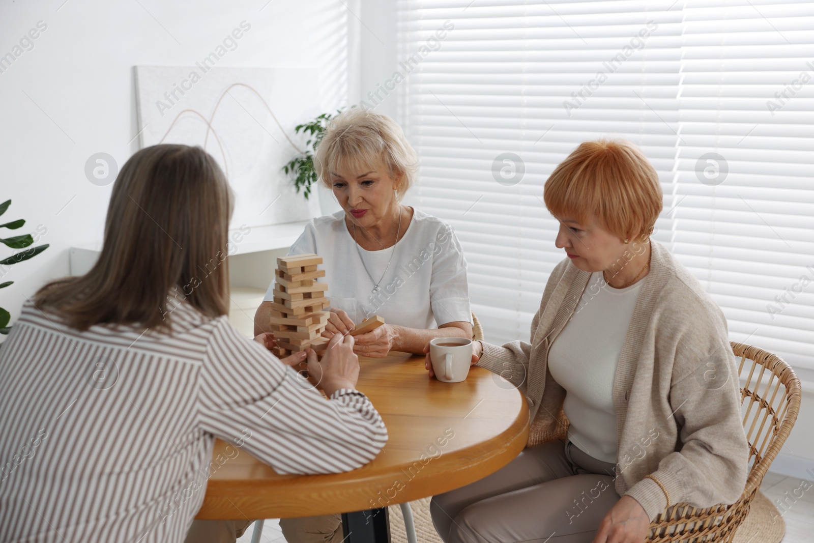 Photo of Friendship. Senior women building tower with wooden blocks at wooden table indoors