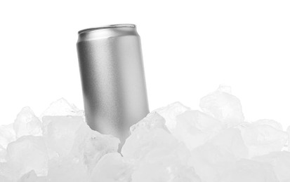 Photo of Refreshing drink in can on ice cubes against white background