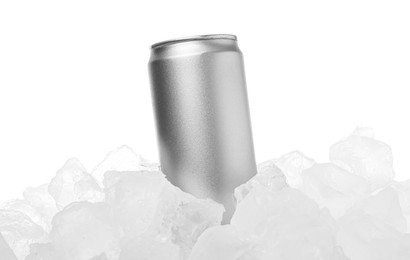 Photo of Refreshing drink in can on ice cubes against white background
