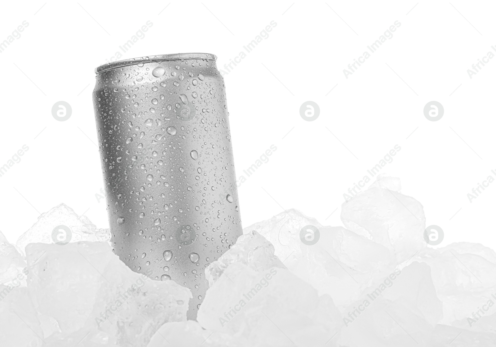 Refreshing drink in can on ice cubes against white background Photo of Refreshing drink in can on ice cubes against white background