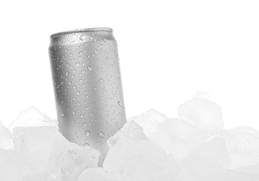 Photo of Refreshing drink in can on ice cubes against white background