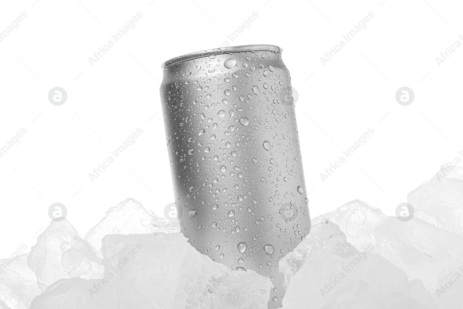 Refreshing drink in can on ice cubes against white background Photo of Refreshing drink in can on ice cubes against white background