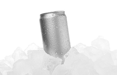 Photo of Refreshing drink in can on ice cubes against white background