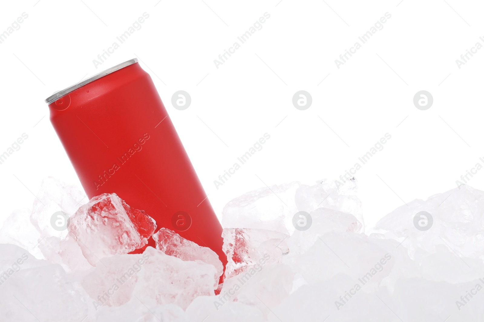 Refreshing drink in can on ice cubes against white background Photo of Refreshing drink in can on ice cubes against white background