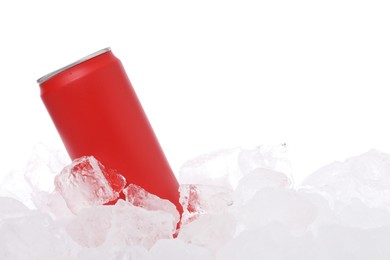 Photo of Refreshing drink in can on ice cubes against white background