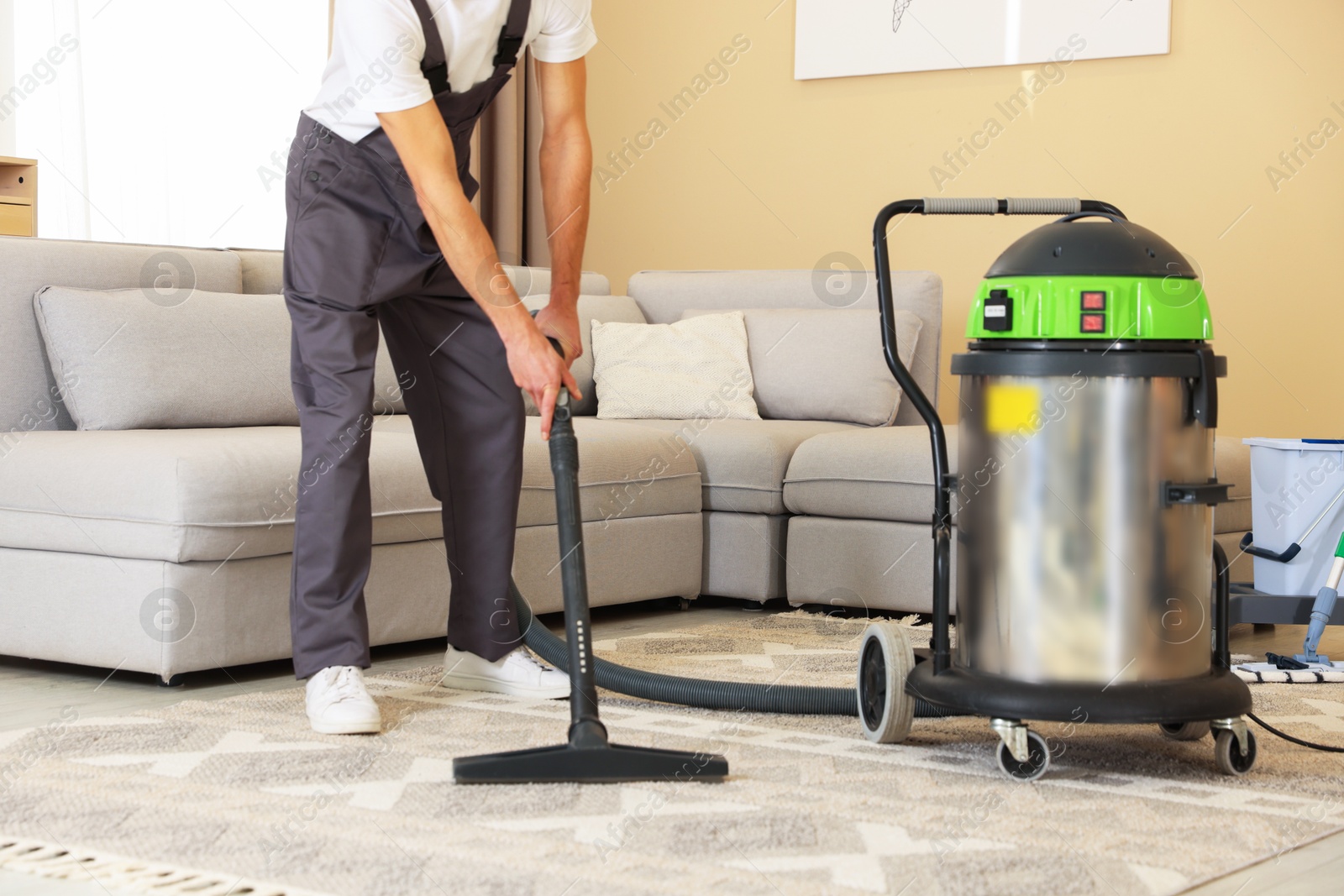 Photo of Professional cleaning service worker vacuuming rug indoors, closeup