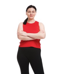 Plus size woman in gym clothes on white background