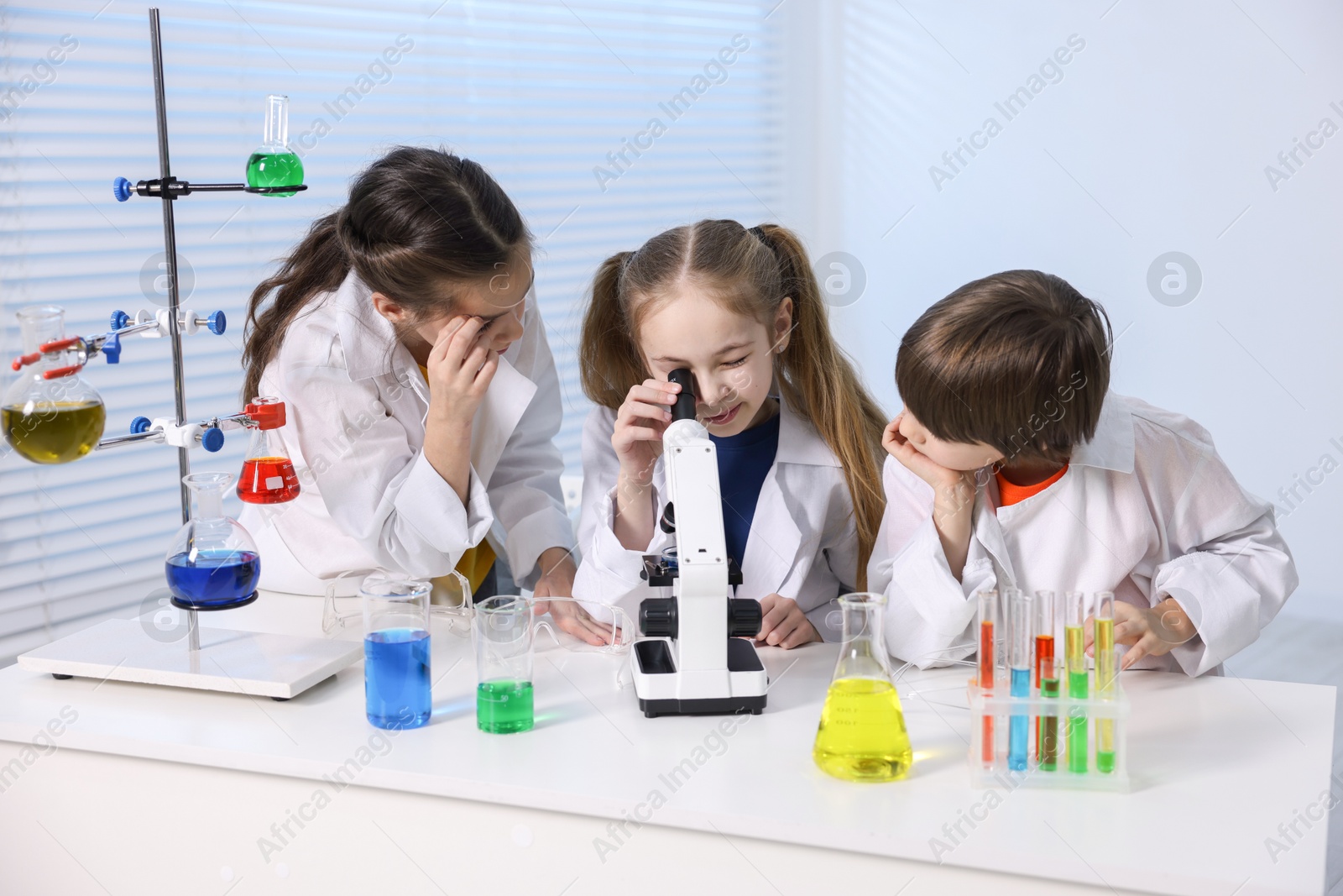 Photo of Children doing chemical experiment at desk indoors