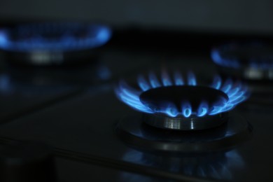 Photo of Gas burners with blue flame on stove, closeup