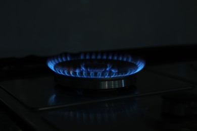 Gas burner with blue flame on stove, closeup